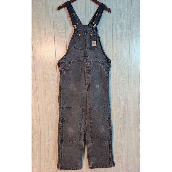 VTG Carhartt Quilted Lined Bib Overalls Mens Sz 34x32 Black Workwear R02 BLK USA - Picture 1 of 7
